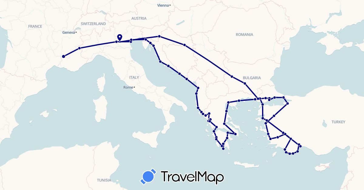 TravelMap itinerary: driving in Albania, Bosnia and Herzegovina, Bulgaria, France, Greece, Croatia, Italy, Slovenia, Turkey (Asia, Europe)